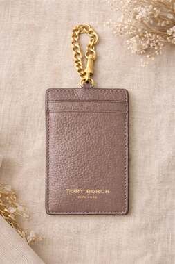 Tory Burch Britten Pebbled Leather ID Keychain  Cardholder Case in French Gray